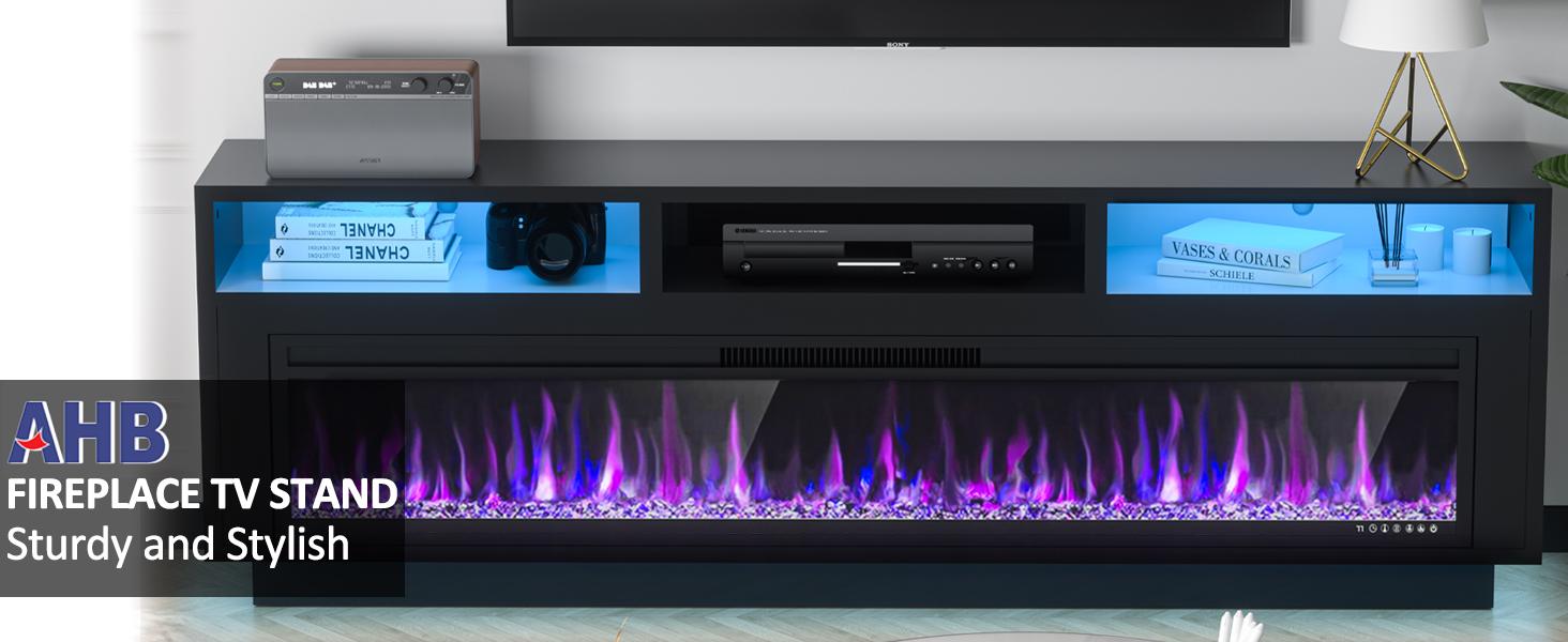 【2 Packages Shipping】AHB 58" Fireplace TV Stand for TVs Up to 65" with 52" Electric Fireplace, TV Console for The Living Room, LED Light Entertainment Center, Storage Cabinet, Media Console Table, Black