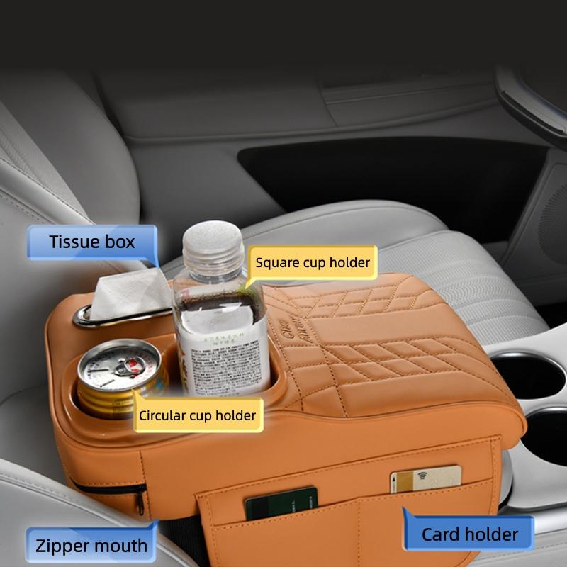 Multifunctional Car Armrest Storage Pad, Height Adjustable Cup Holder Organizer, Central Console Tissue Box Accessory for Vehicles, Car Storage Organizers, Car Cup Holders
