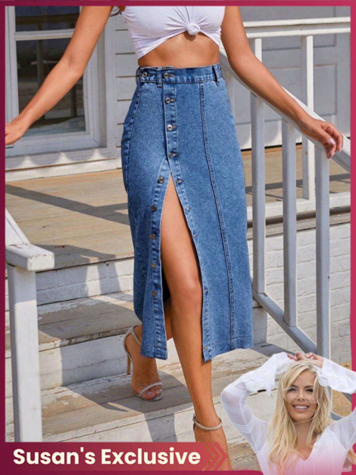 【Susan's Exclusive】Sexy Button Fly Denim Midi Skirt, High Waist A-Line Design, Casual Daily Wear, Perfect for Valentine's Day T-Chic, BlackFriday Sale,