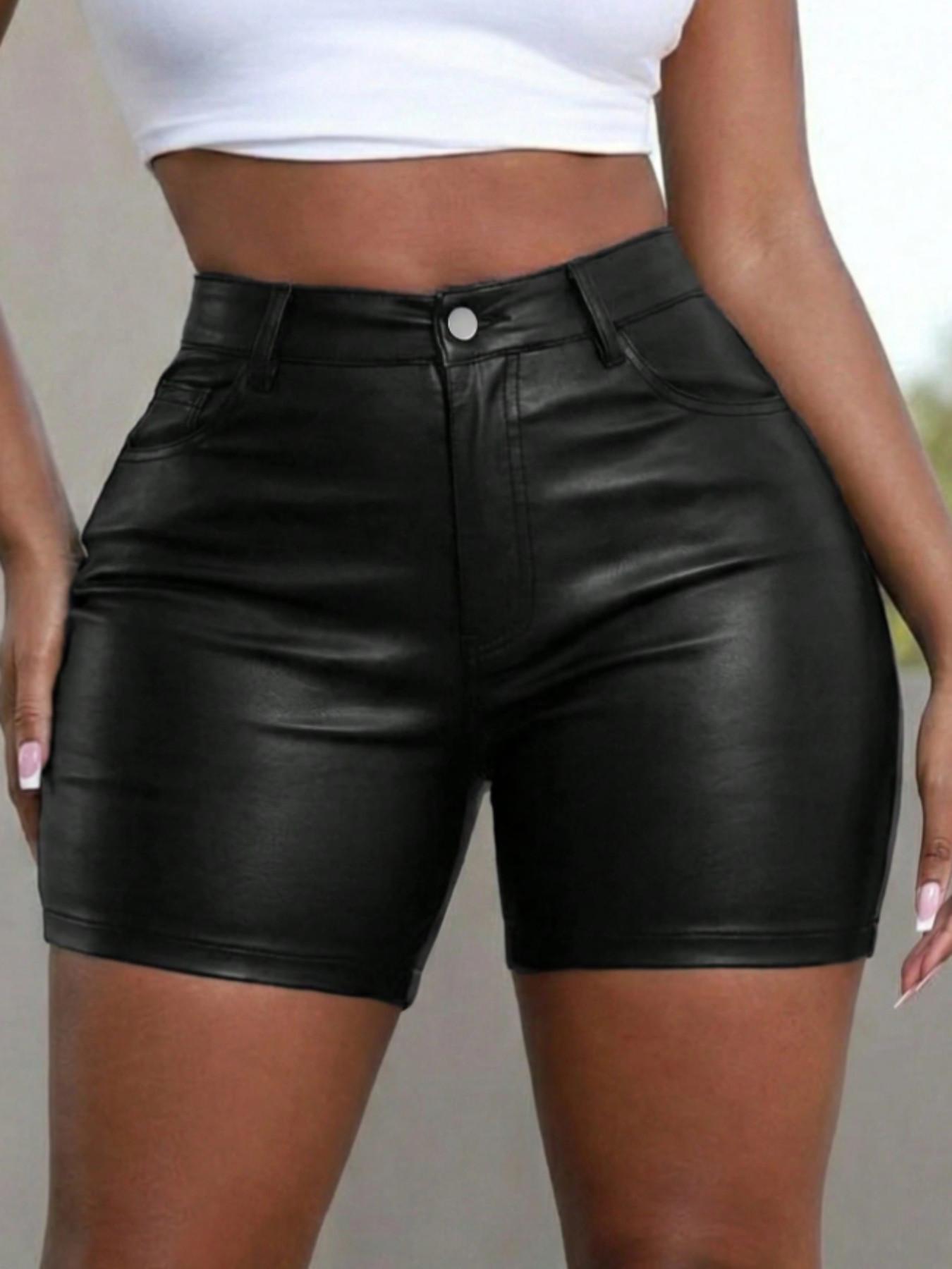 Elegant PU Coated High Elasticity Elastic Waist Shorts with Zipper Button, Plain Pattern, All Seasons Wear, Casual Waist Shorts, Comfortable, Stylish and Chic, Bottom Shorts