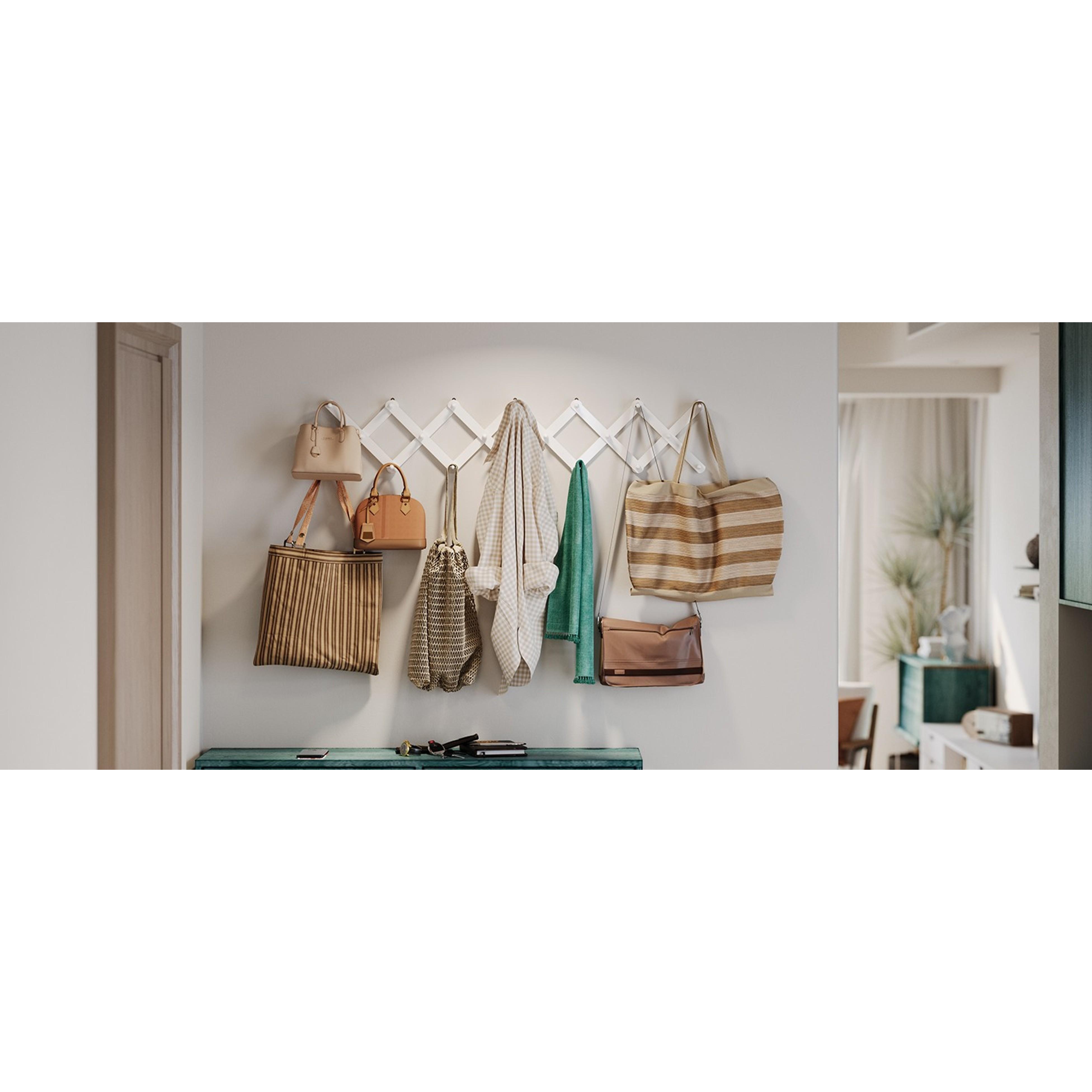 Wood Accordion Wall Hanger, Expandable Coat Rack Wall Mount with 14 Pegs, Expanding Hat Rack for Wall White