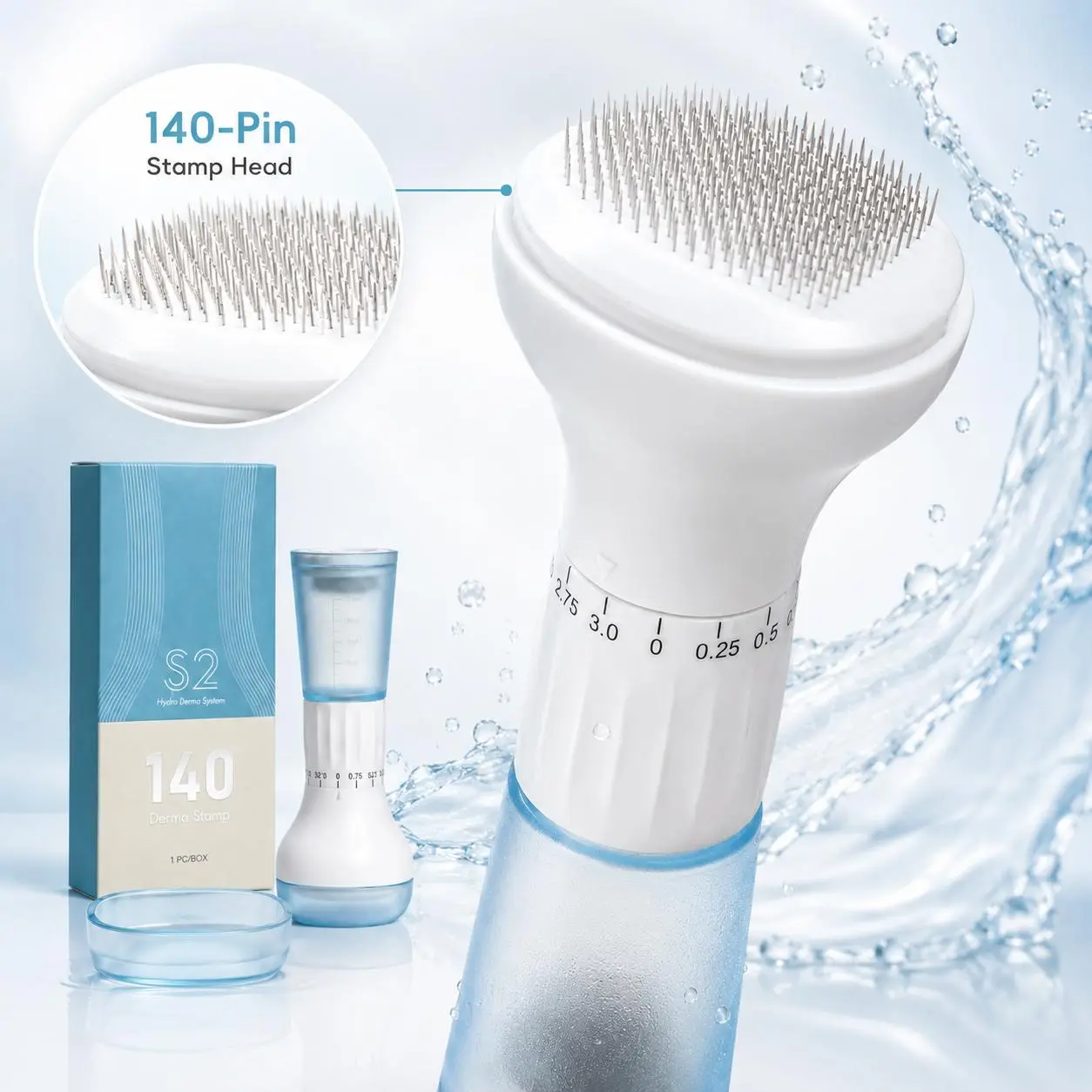 AS2 140 Pins Hydra Derma Stamp, Stamp Style Microneedle Tool For Face, Serum Reservoir Design, Portable At-Home Beauty Self Care Tool