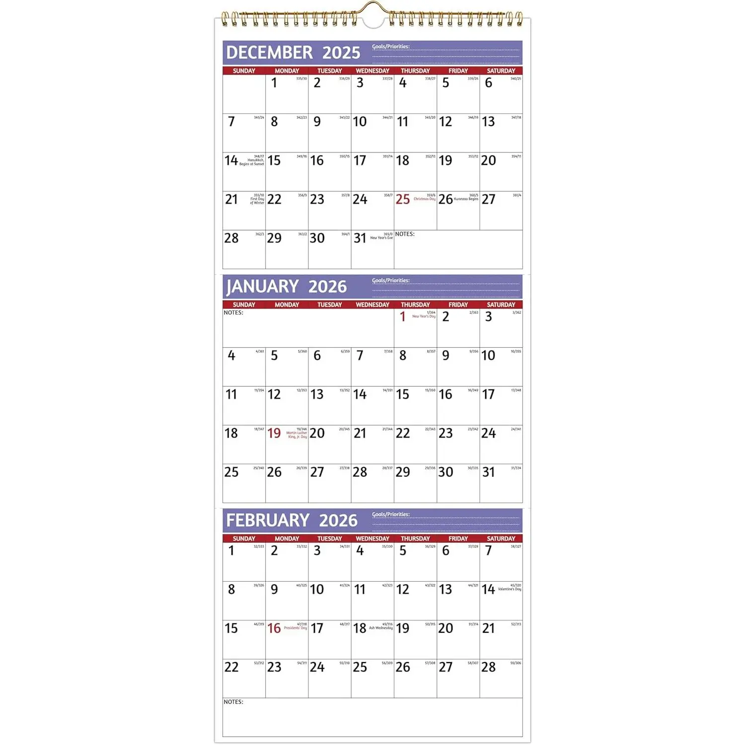 2026 Wall Calendar - 3 Month Calendar 2026 Vertical, Jan 2026 - Dec 2026, 3 Month Wall Calendar 2026, 11 x 26 In Open, 2026 Calendar with Large Print, Holidays, Thick Paper, Priorities & Notes,