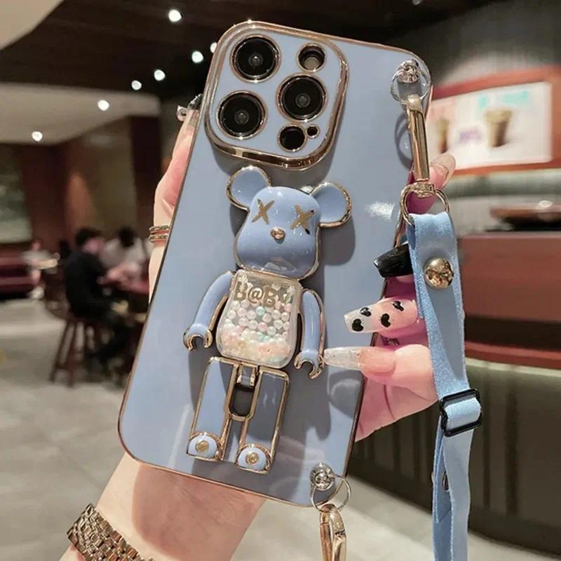 Plating Cover Quicksand Bear Stand Phone Case with Lanyard Strap, Ring & Dustproof Design for iPhone 15 14 13 12 11 Pro Max 7 8 Plus, Scratch Resistant