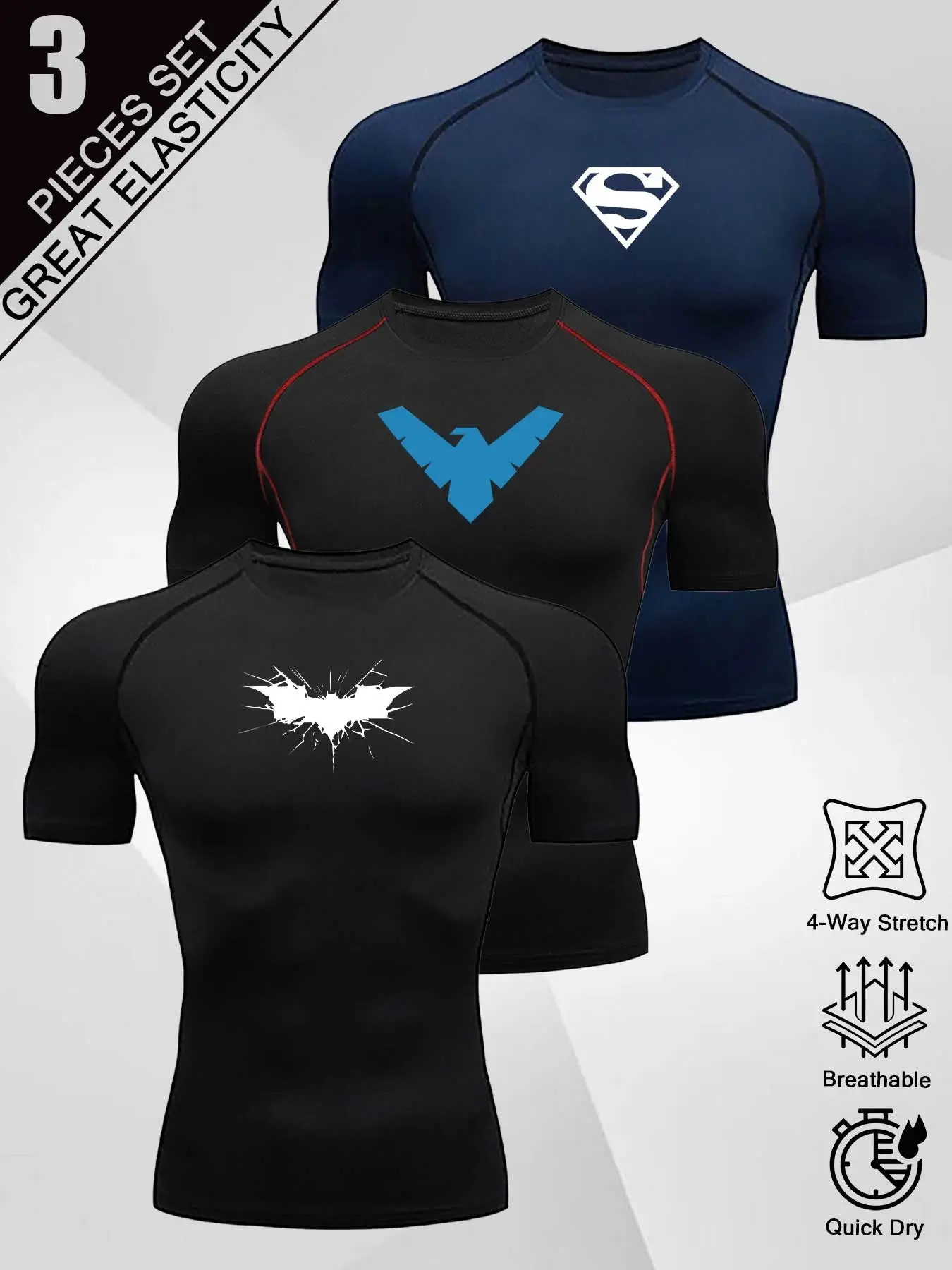 3-Pack Men's Lightning Bat Print Tight Fitness Wear, Quick-Dry Breathable Sport T-Shirts, High-Elastic Sweat-Wicking Short Sleeve Training Tops，Suitable for Gym, Sports, and Casual Wear.