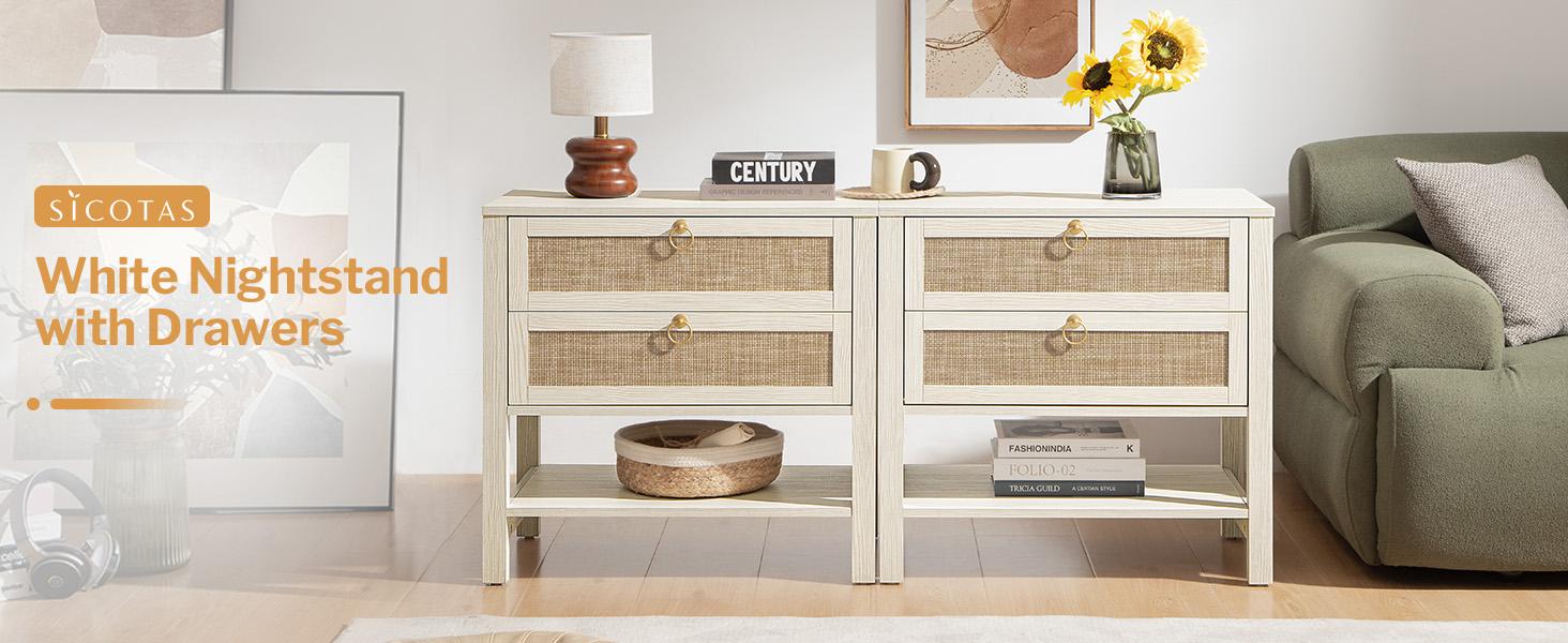 SICOTAS White Night Stand with Drawers and Storage Shelf - 15.5" x 26.7" x 25.6" Size Large Nightstands Rattan Decor Boho Bedside Table Narrow Side Table for  Small Space Bedroom Living Room Office, Ample Storage