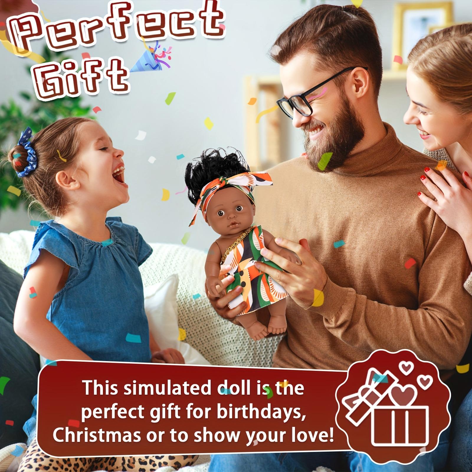 Baby Doll, 12 inch American African Girl Doll with Dress, Realistic Reborn for Kids Aged 2 3 4 5 6, Silicone Small Toy Curly Hair Birthday Gift,