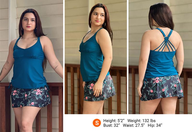 Daci Tankini Swimsuit for Women V Neck Bathing Suit Tummy Control Two Piece Swimdress Drawstring Tank Top with Skirt Bottom