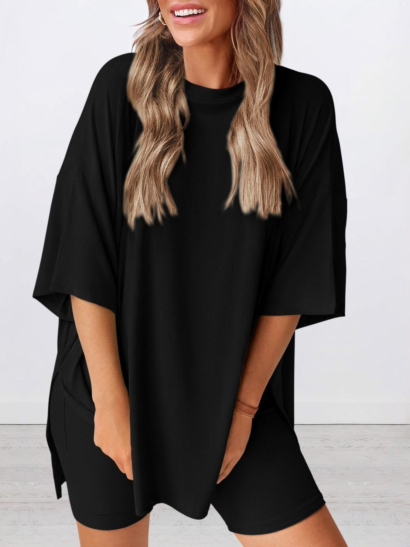 Women's Two Piece Lounge Set Summer Casual Oversized Shirts Biker Shorts Indoor Outdoor Casual Set