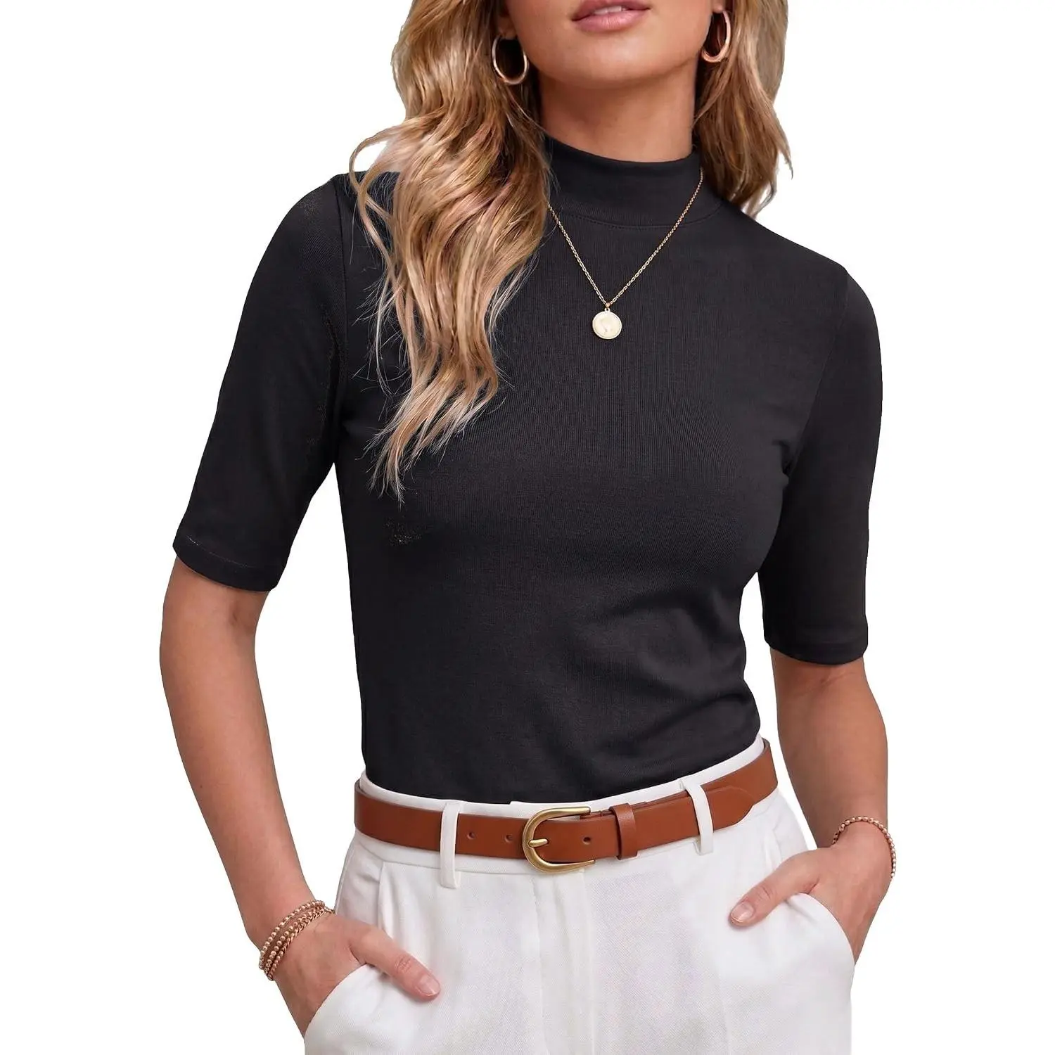 Womens Mock Neck Short Sleeve Ribbed Knit Slim Fit Dressy Casual Summer Business Going Out Tops 2026(Gift)