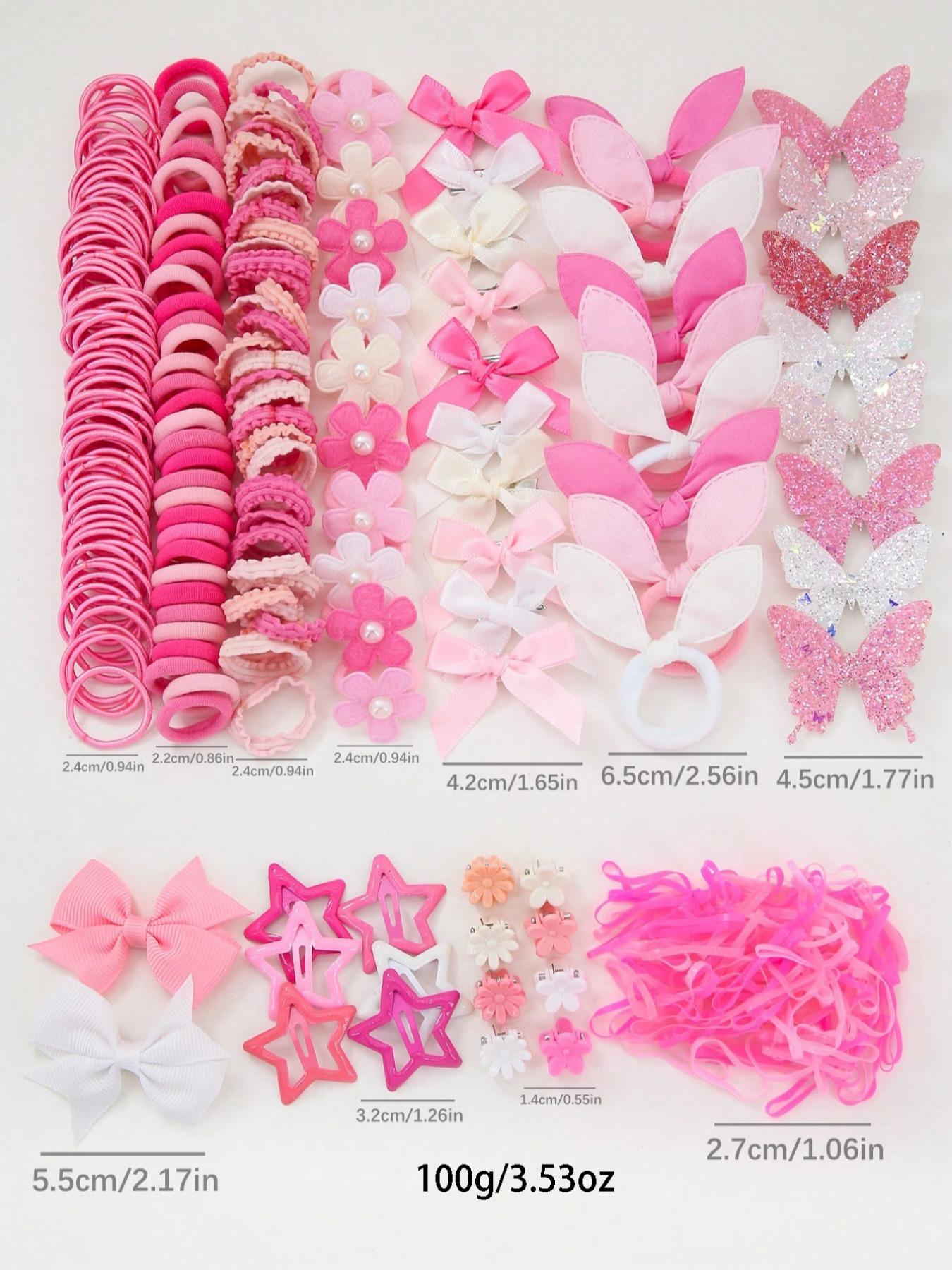 500pcs/Set Girls' Pink Bowknot Hair Clips, Cute Princess Hair Accessories, High Elastic Durable Non-Damaging Hair Ties, Hair Bands, Fluffy Rabbit Ear Hair Rings, Versatile Duck Clip Barrettes, Suitable For Daily Use