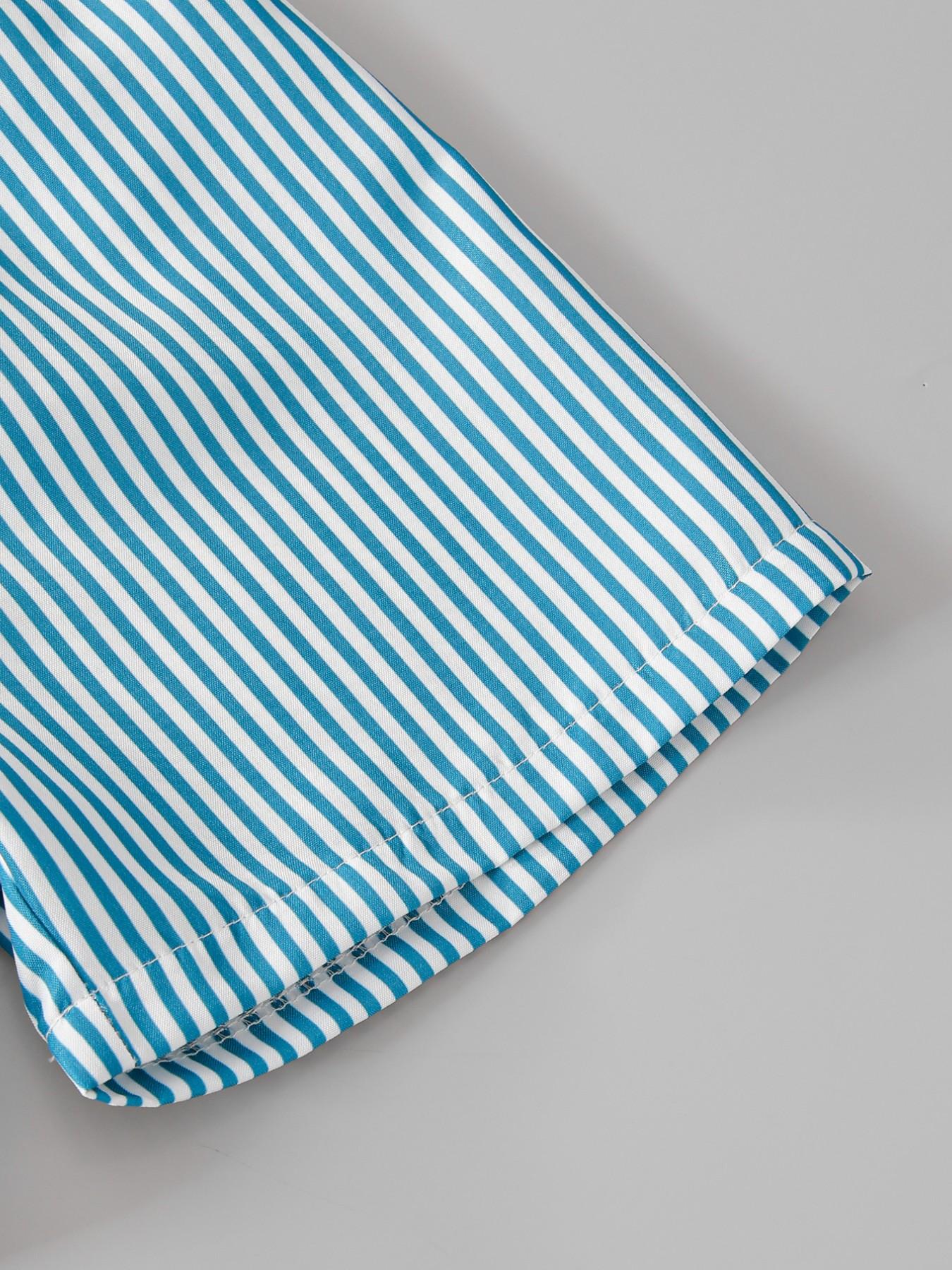 Boys' Summer Casual Set, Button Front Stand Collar Shirt, Short Sleeve with Pocket, Cute Dinosaur Print, Striped Shorts, 2-Piece Set