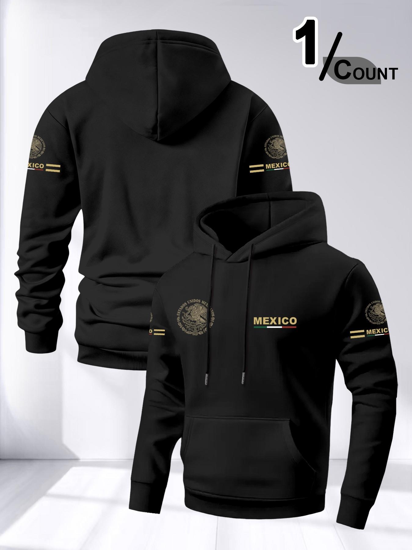 Men's Long Sleeve Hooded Fleece Sweatshirt, Mexican Pattern Print, Loose Fit Drop Shoulder Design, Casual Daily Wear, Comfortable Fashion Pullover