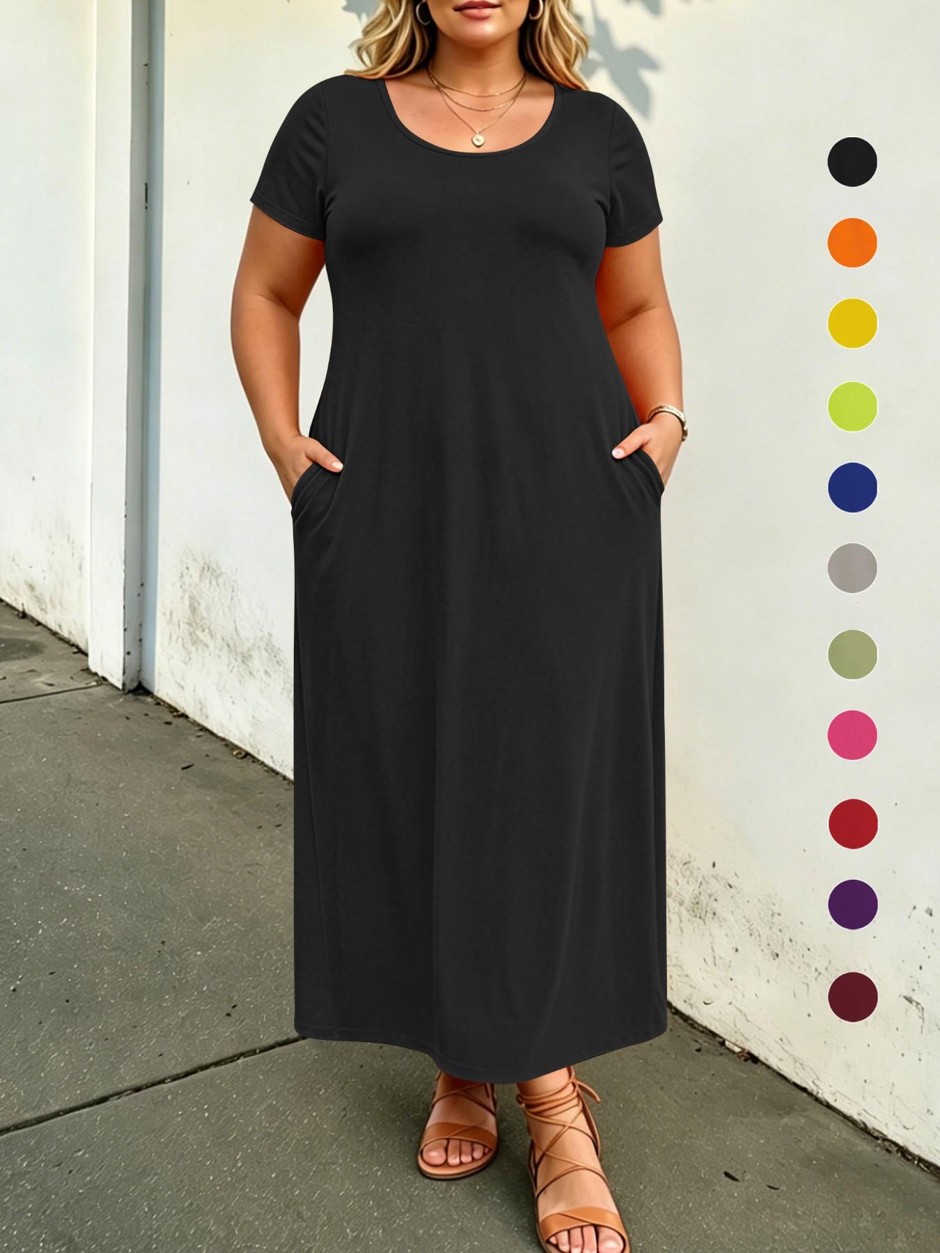 Plus Size Solid Color Loose Maxi Dress, Short Sleeve, Round Neck, Side Pockets, Curvy Daily Wear, Tummy Hiding