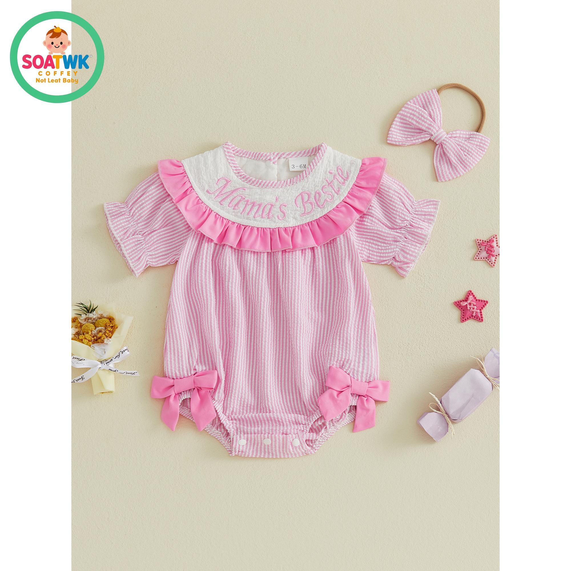 Baby Girl Summer Outfit Striped Letter Embroidered Puff Sleeve Bubble Romper and Bow Headband 2 Piece Set