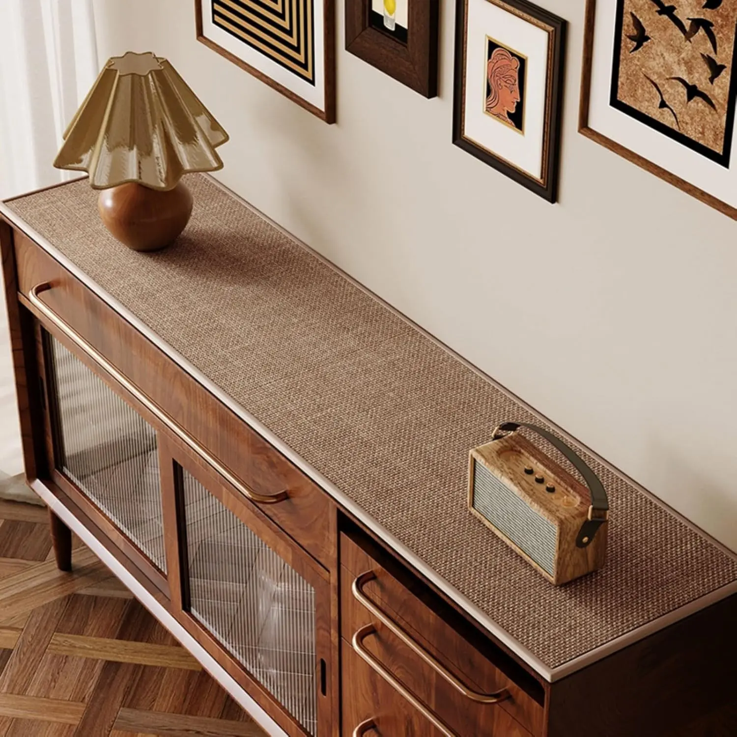 Sideboard Buffet Cabinet Cover, Super Absorbent Mat for Wood Buffet Table, Anti-slip Top Protector for Coffee Bar Cabinet, Table Pad for Kitchen,Dining Room (Taupe, 15.7''X55'')