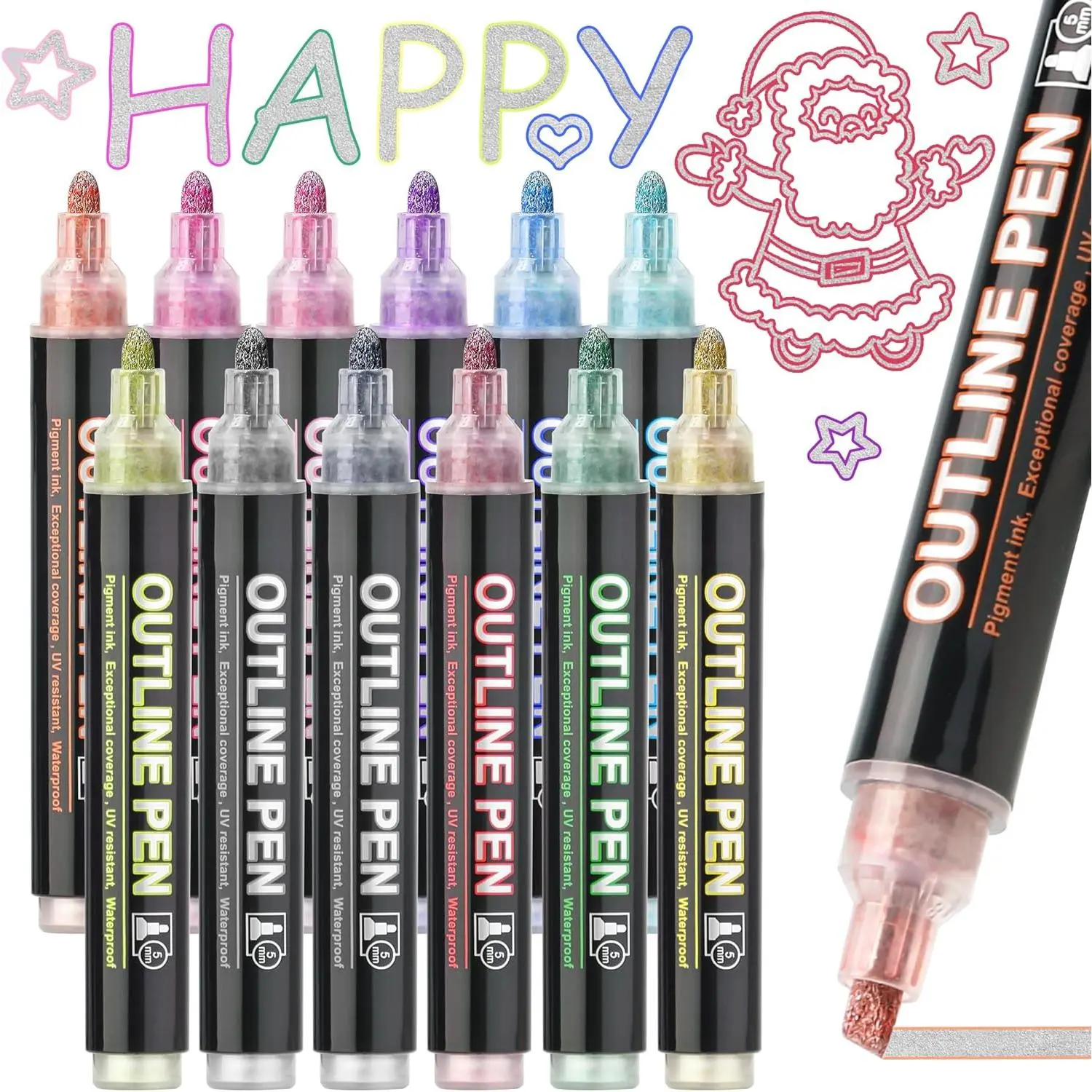 Stocking Stuffers, Larger Shimmer Outline Markers, Christmas Stocking Stuffers, 12 Metallic Glitter Pens for Christmas Gifts, Coloring Arts Supplies