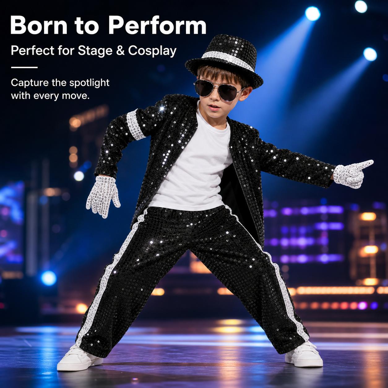 Boys' Hip Hop Dance Costume, 7-Piece Black & Silver Glitter Sequin Fabric Outfit, Stage Ready for Talent Shows, Loose Fit Pants, Matching Activewear Set, Sporty Sports Clothing Sets,back to school,back to school haul