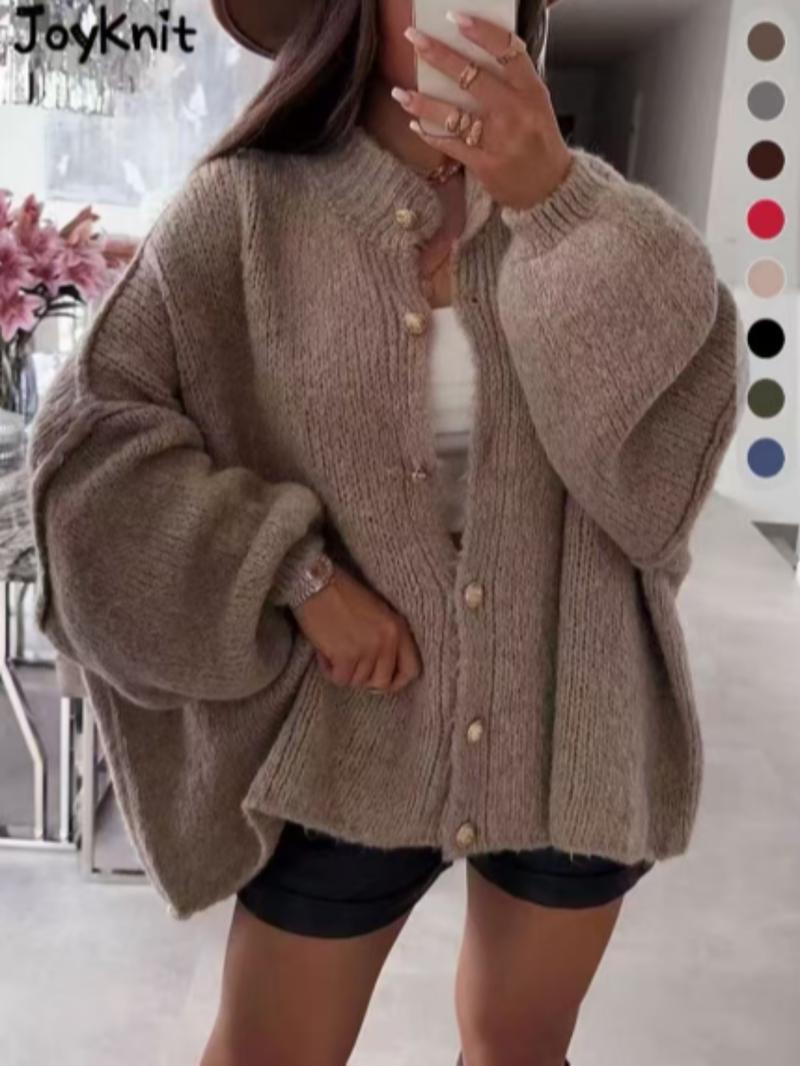Women's Oversized Knit Cardigan Sweater, Casual Loose-Fitting Round Neck Long Sleeve Drop Shoulder Design, Fall Winter Fashion, Knitted Cardigan Tops