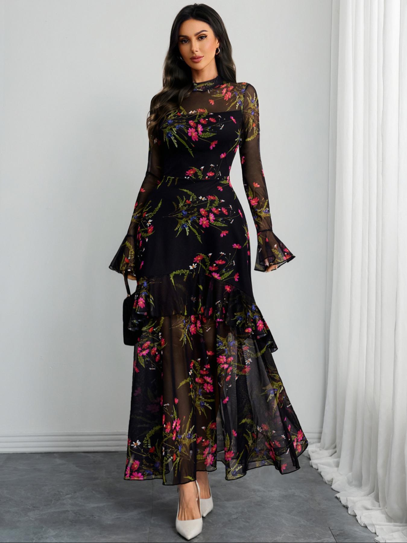 Women's Floral-Print Fitted Dress, Elegant Feminine Vintage Gothic Aesthetic Flared Long Sleeve Dress for Party Holiday Wedding Guest, Ladies' Clothes for All Seasons, Elegance, Garden Formal Dresses for Wedding Guest