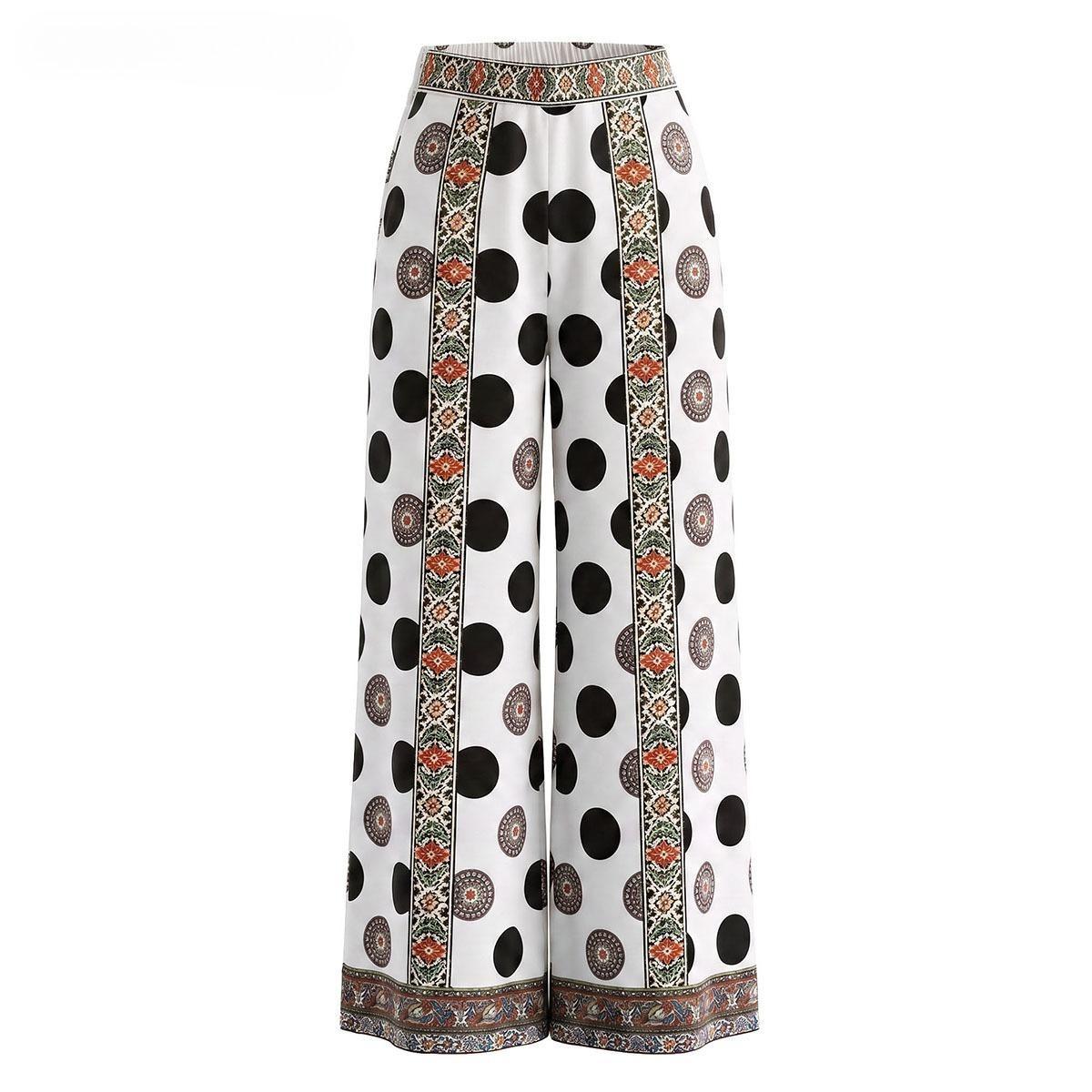 Women's Dot Paisley Floor-Length Palazzo Pants - High Waist Silky Satin Loose Leg Trousers with Side Pockets, Hidden Zip, Elastic Back Waistband, Resort & Workwear Bottoms, Loose Legs,clothes for back to school,first day of school outfits