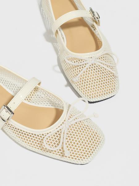 Ballerina Hollow Out Mesh Flat Shoes Summer Bowknot Square Toe Breathable Casual Sandals Fashion Comfort Soft Sole, Bowknot Design Flats