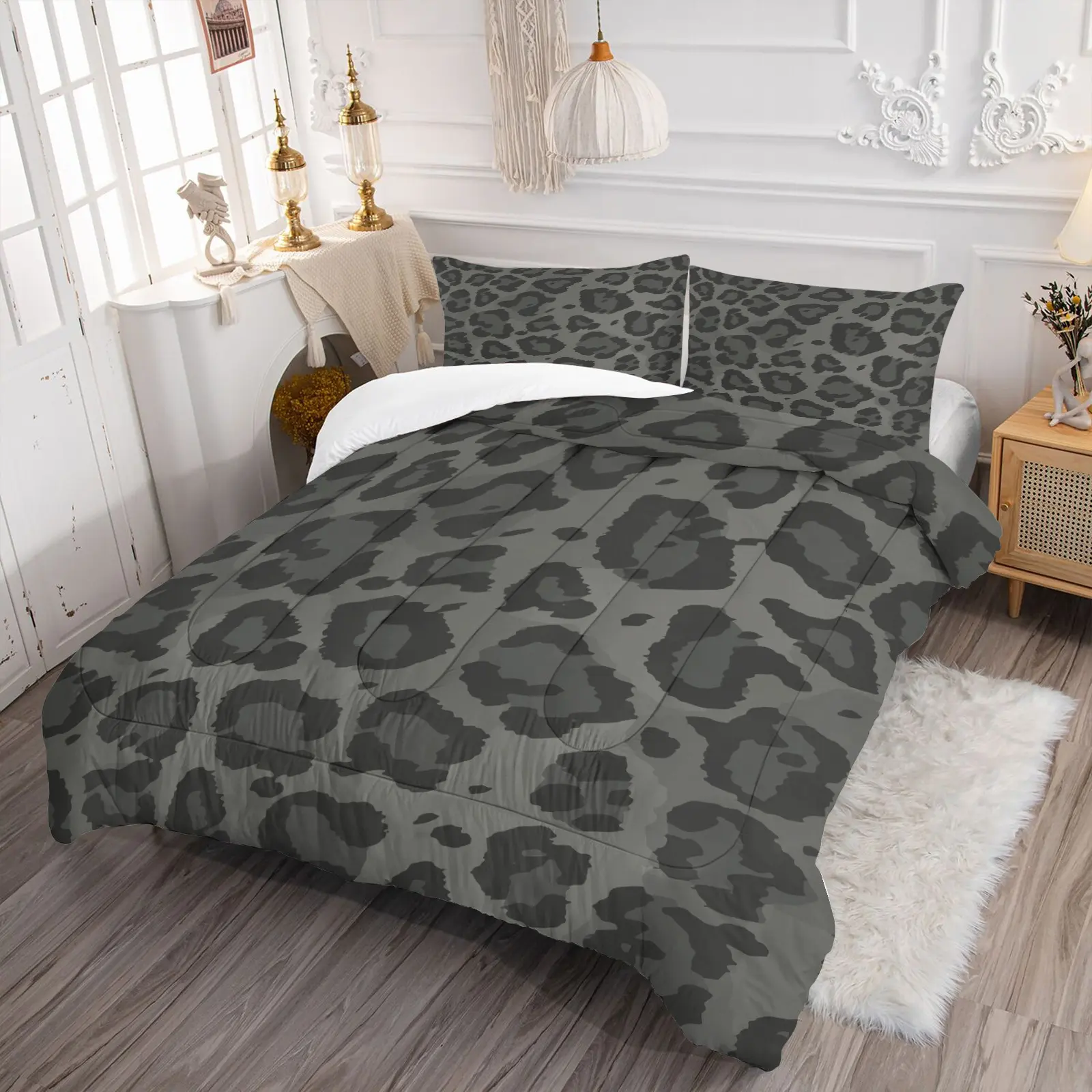 Dark Gray Leopard Print 2/3Pcs Comforter Set, Neutral Grey Camo Leopard Spotted Bedding Set--1 Comforter + 1/2 Pillowcases, U-Shaped Quilted Soft All Season Quilt Insert for Bedroom Dorm Decor Housewarming Gift