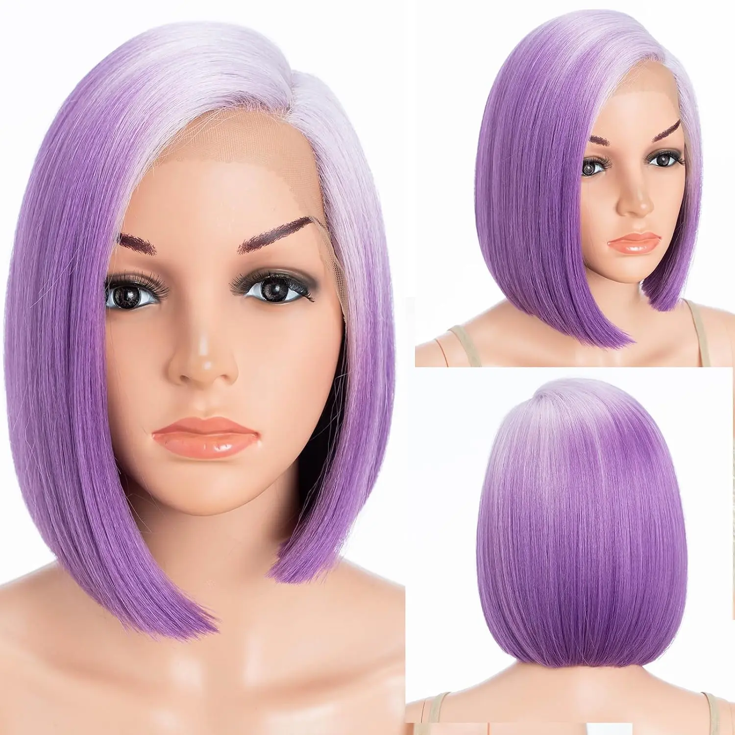 Lace Front Bob Wigs Ombre  Side Part Lace with Hand-Tied Lace Front Short Bob Synthetic Wig for Women  Hairline with  Hair Lavender