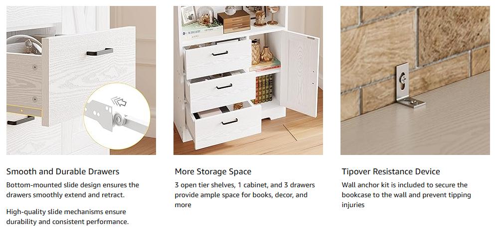 IRONCK Bookshelf with Door and 3 Drawers, 71in Tall Bookcase Shelf with 3-Tier Shelves, for Bedroom Living Room Entrance Hallway Home Office