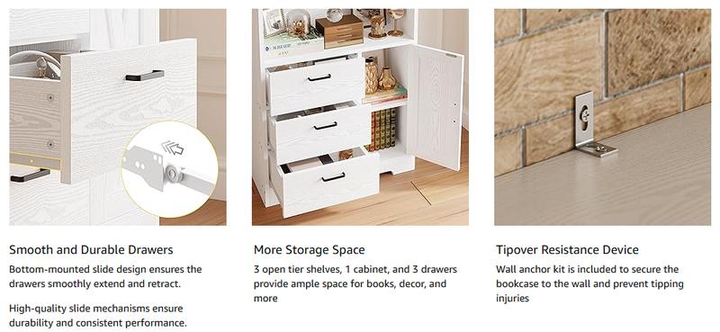 IRONCK Bookshelf with Door and 3 Drawers, 71in Tall Bookcase Shelf with 3-Tier Shelves, for Bedroom Living Room Entrance Hallway Home Office