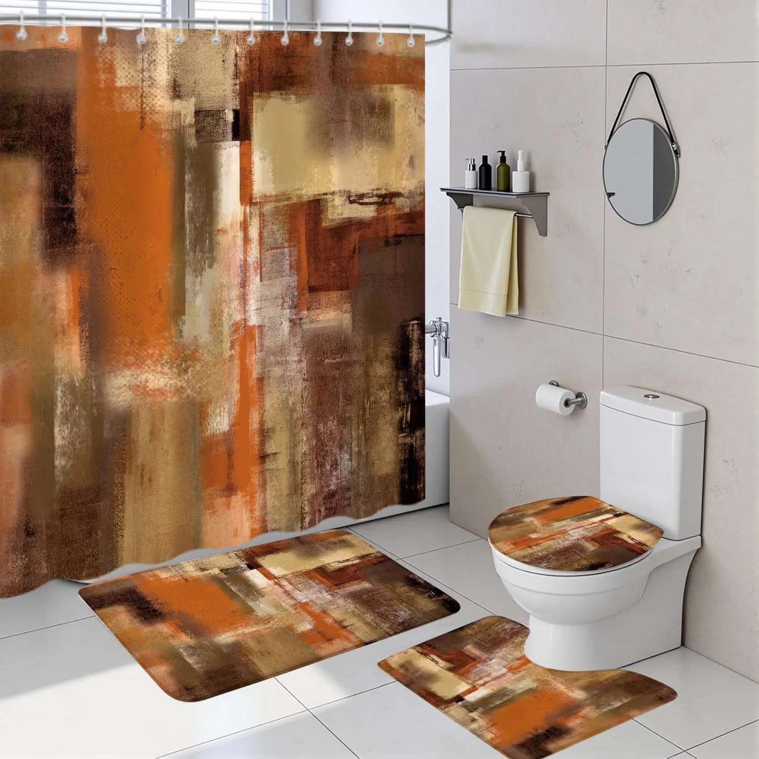 4Pcs Burnt Orange Abstract Shower Curtain Sets Non-Slip Bath Rugs, Toilet Lid Cover and Bath Mat, Modern Art Brown Grey Painting Bathroom Curtains with 12 Hooks