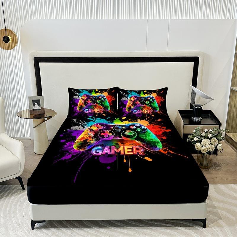 3-Piece Game Controller Bedding Set, Includes Fitted Sheet & Pillowcases, Breathable Polyester Fiber, All Seasons, Gaming Theme