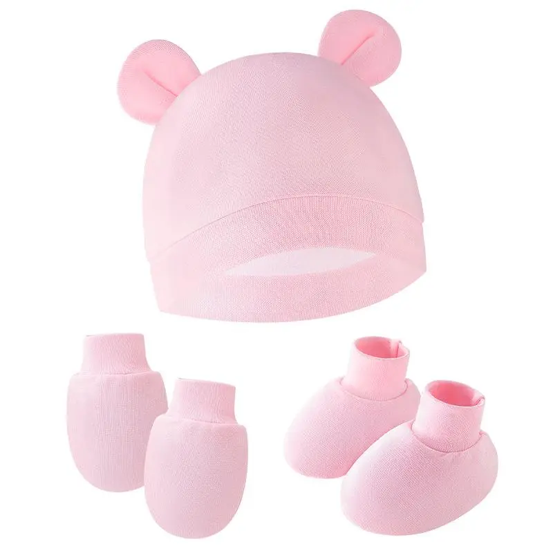 3Pcs Bear Ear Beanie Hat No-Scratch Mitten & Foot Sock Set, Soft Stretch Knit Warm Hand Foot Protectors, Cozy Skin-Friendly 3-Piece Set for Daily Home Sleep & Gifting