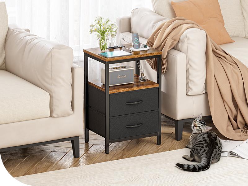 Huuger Nightstand with Charging Station, Side Table with Fabric Drawers, End Table with Open Shelf, Bedside Table with USB Ports and Outlets, Night Stand for Bedroom