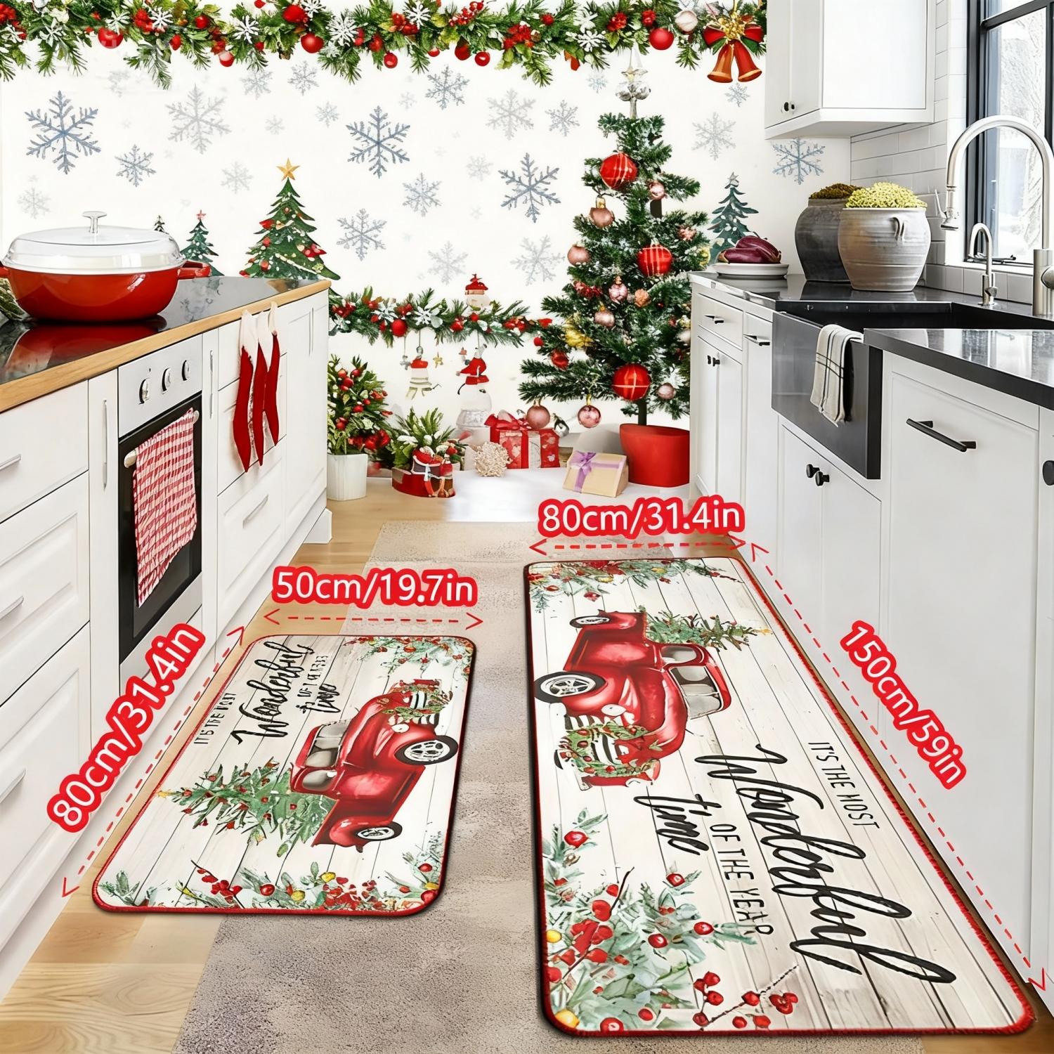 2 Counts Christmas Kitchen Rug Set, Santa Gingerbread Man Christmas Tree Dwarf Gnomes Pattern, Non-Slip Soft Low Height, Holiday Party Floor Mat Home Decor, Home Decor Rugs