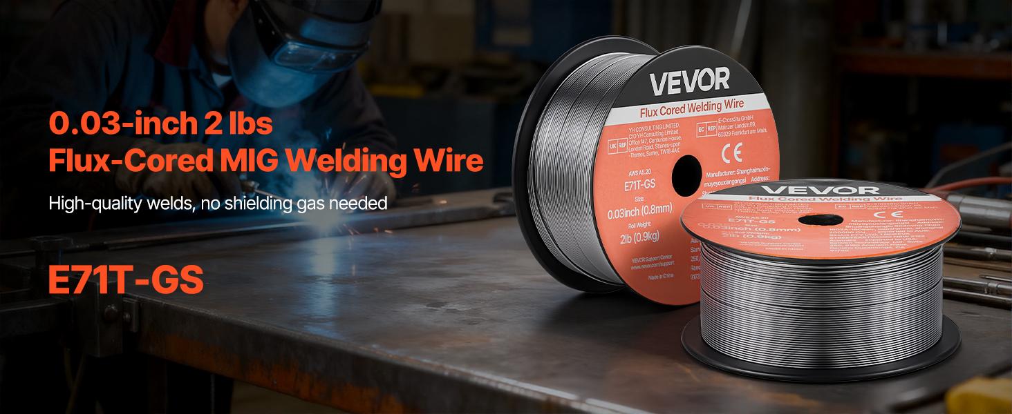 VEVOR Welder Flux Core MIG Wire, E71T-GS 0.03" Gasless Mild Steel Wire (2 lbs per Roll), Low Spatter for All-Position Arc Welding, Self-Shielded for Outdoor Use (3-Roll Pack), 0.03" Wire