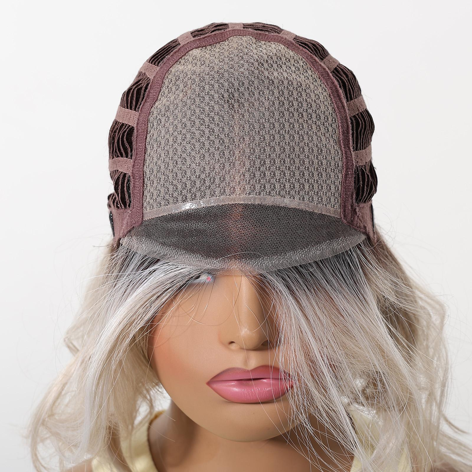 Topshe Hand Tied Mono Base Short Bob Wig, Dark Root Ash Brown Highlight Flip Out Loose Wave Bob, Breathable Mono Top Realistic Scalp, Glueless Wear & Go No Bleach, Tangle Free Heat Resistant Synthetic Hair, Synthetic Material Wigs