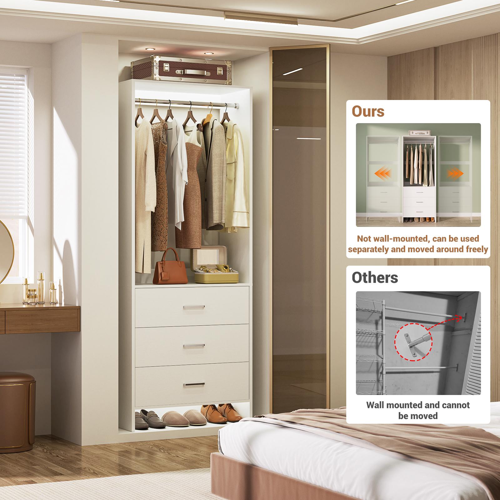 Freestanding 2FT Closet System with 3 Drawers, 24’’ Closet Organizer, Wood Closet Organizer System, Walk-in Closet or Small Closets Wardrobe, Clothes Rack with Hanging Rods