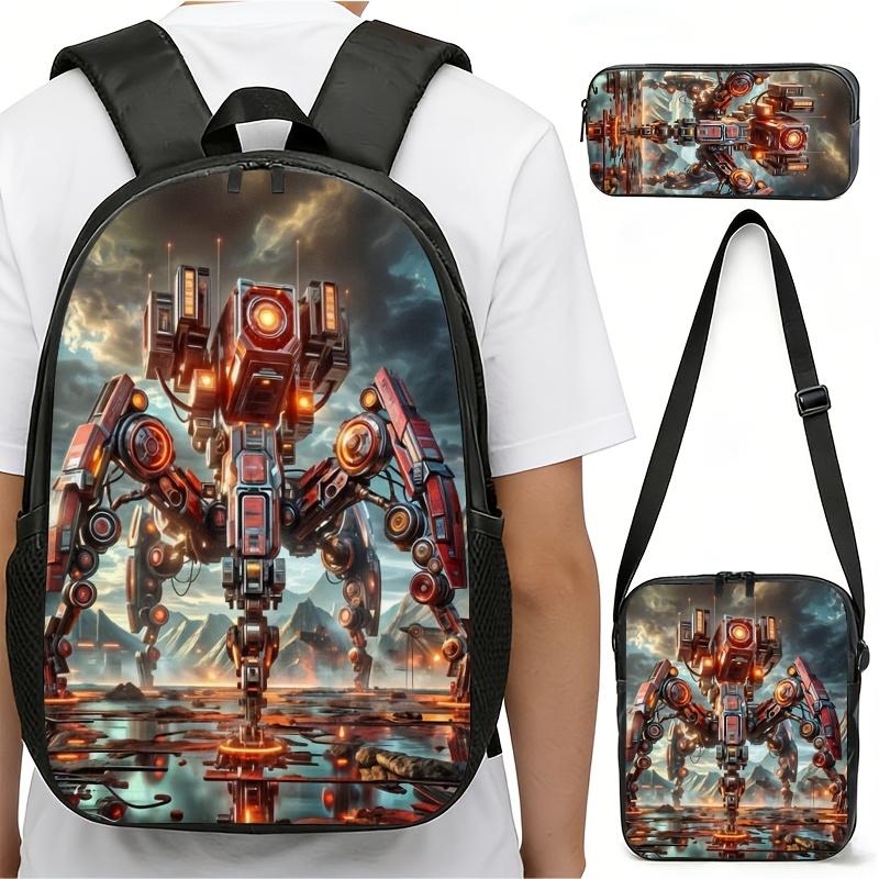 Sci-fi mecha-themed backpacks, handbags, and pencil cases featuring a design of a red heavy mech set against a ruined battlefield backdrop; the high-definition prints are durable and fade-resistant. Features include adjustable shoulder straps and a high-c