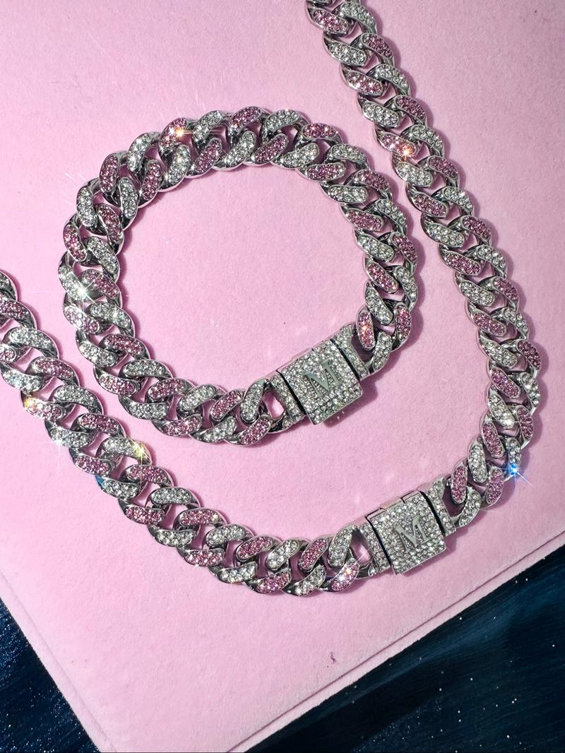 Unisex Street Style Letter Design Cuban Link Chain Bracelet & Necklace, Rhinestone Decorated Fashionable Jewelry Set, Fashion Accessories for Party, Daily Decor for Boy