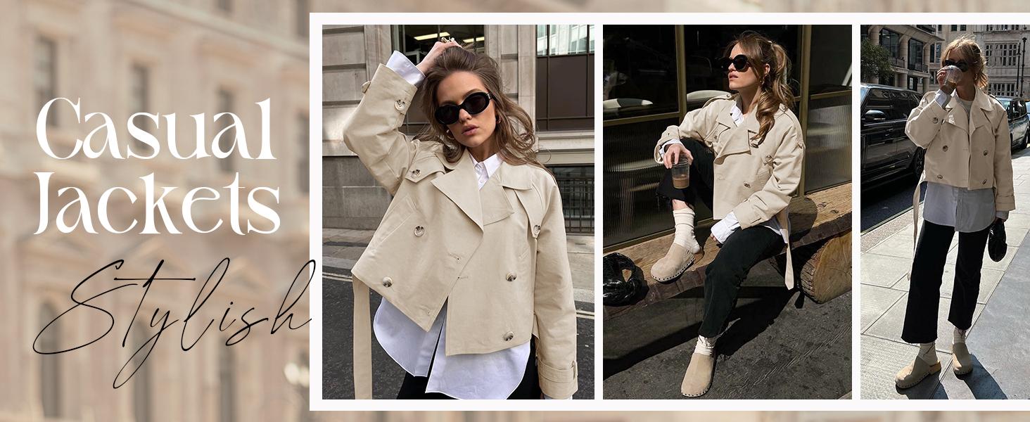 Womens Lapel Trench Coat Double Breasted Cropped Jacket Casual Outwear with Belt Tops Fit Womens Lapel Trench Coat Double Breasted Cropped Jacket Casual Outwear with Belt Tops Fit