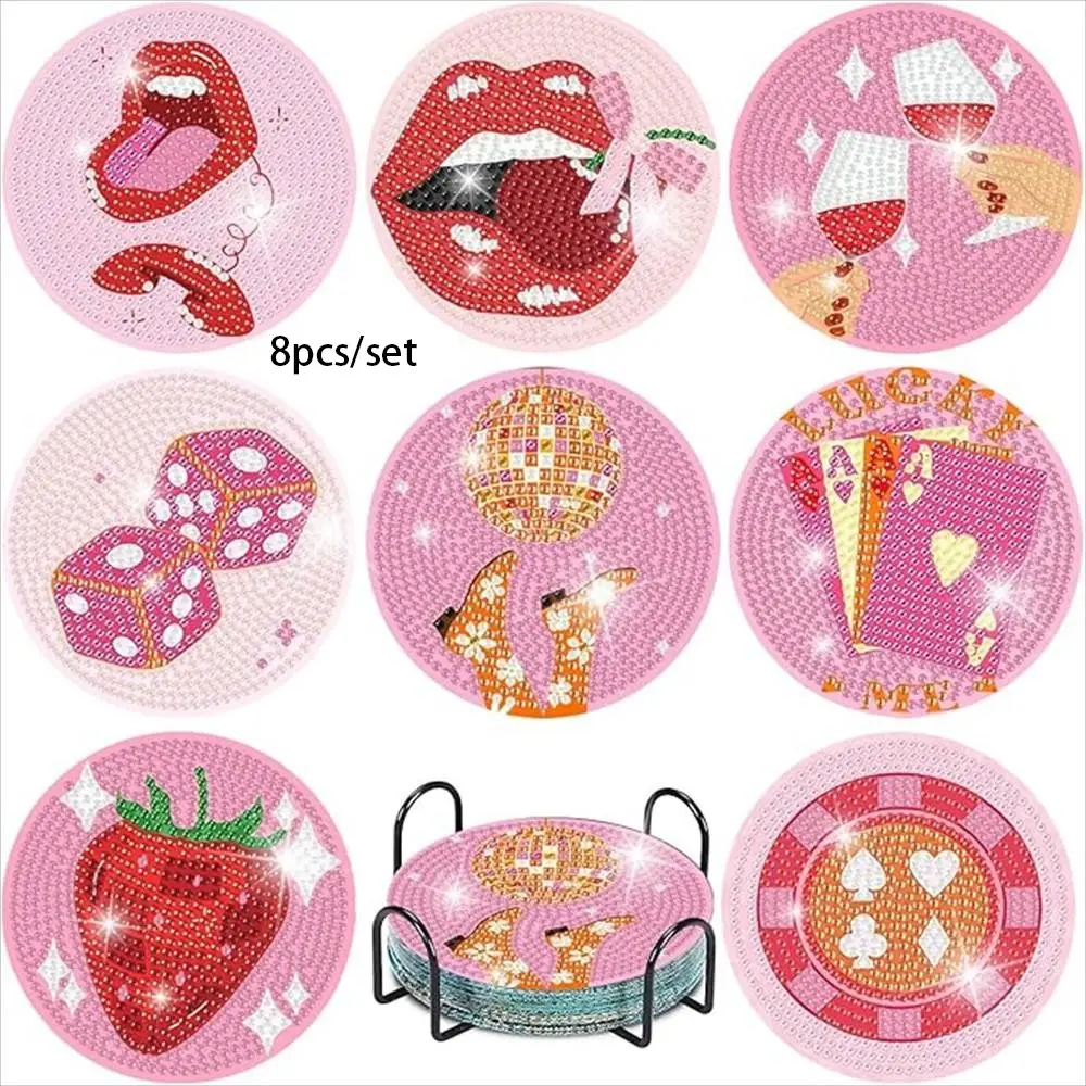 8-Piece Diamond Art Cup Mat Coasters Set with Stand, Diamond Painting Coasters, DIY Valentine's Day Beauty & Flower Pattern, Suitable for Adults and Beginners, Perfect Gift
