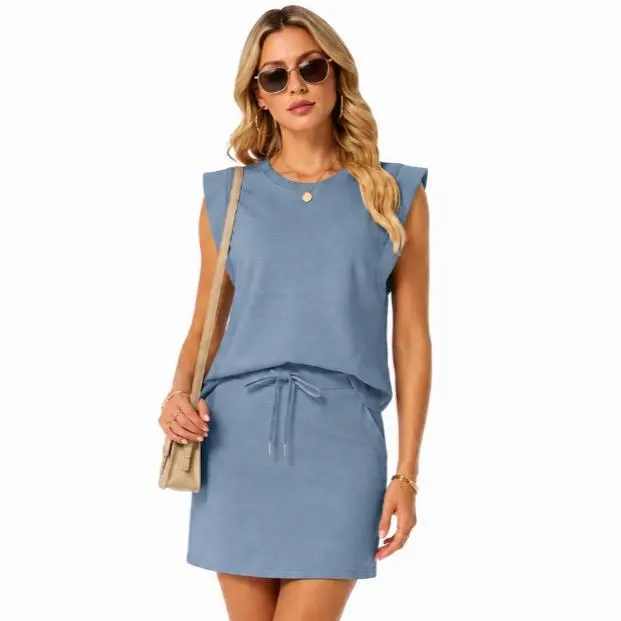 Women's Summer 2 Piece Skort Set, Shoulder Pad Sleeveless Round Neck Top and Drawstring Tennis Skirt with Pockets, Casual Matching Outfit for Travel, Vacation, Weekend, Lounge, Everyday Wear, Streetwear, Work and Athleisure