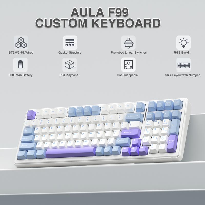 AULA F99 Wireless Mechanical Gaming Custom Keyboard, Numpad Tri-Mode BT5.0/2.4GHz/USB-C Gasket Hot Swappable, Pre-lubed Linear Switches, RGB Backlit Keyboard for Office Computer rainbow backlit Purple Creamy Budget Keyboard TikTokShopfalldealsforyou