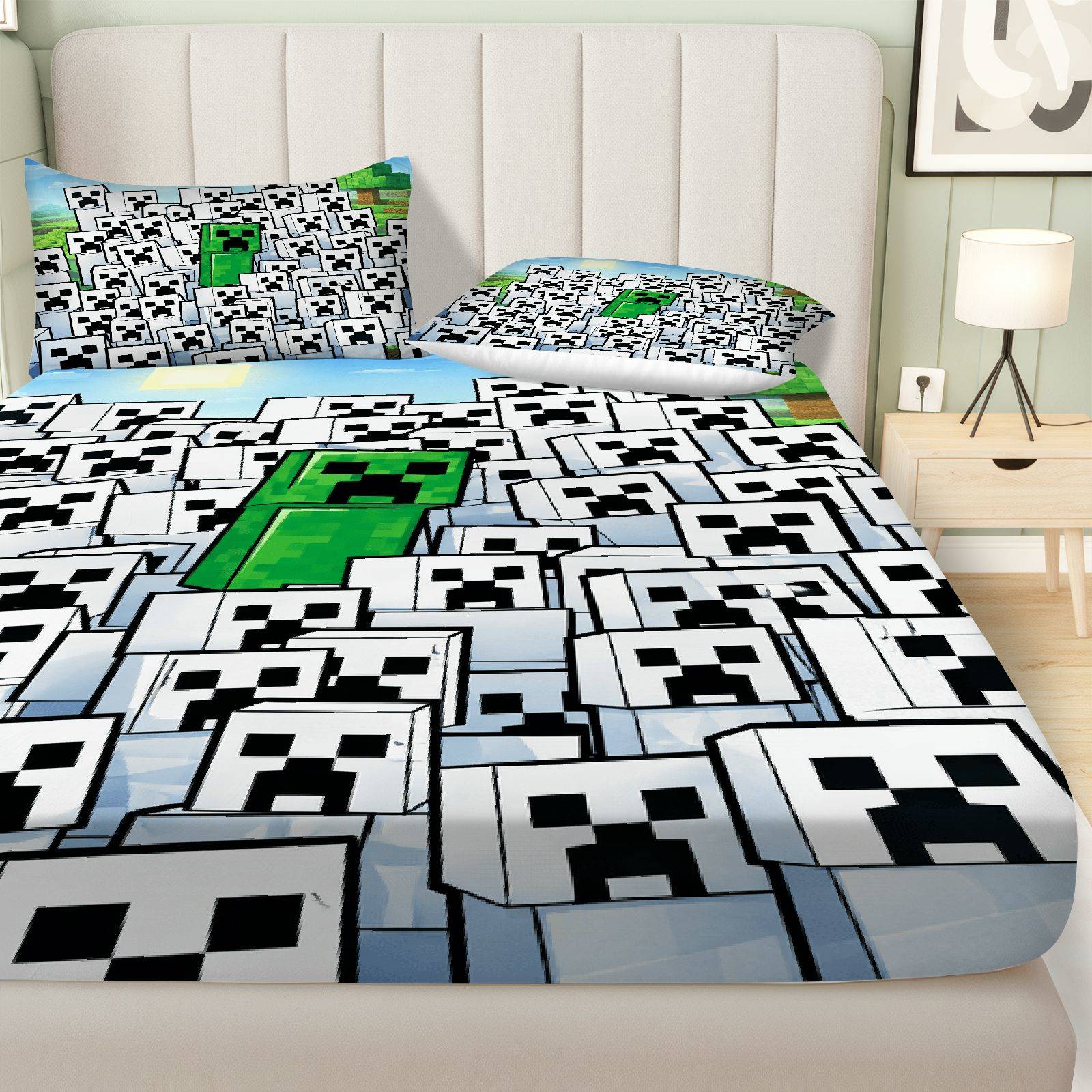 3Pcs Pixel Creeper Gaming Fitted sheet Three Piece Set (1*Fitted Sheet+2*Pillowcases, Coreless), Halloween theme, Minecraft Bedding Set, Mattress protector Soft, Breathable