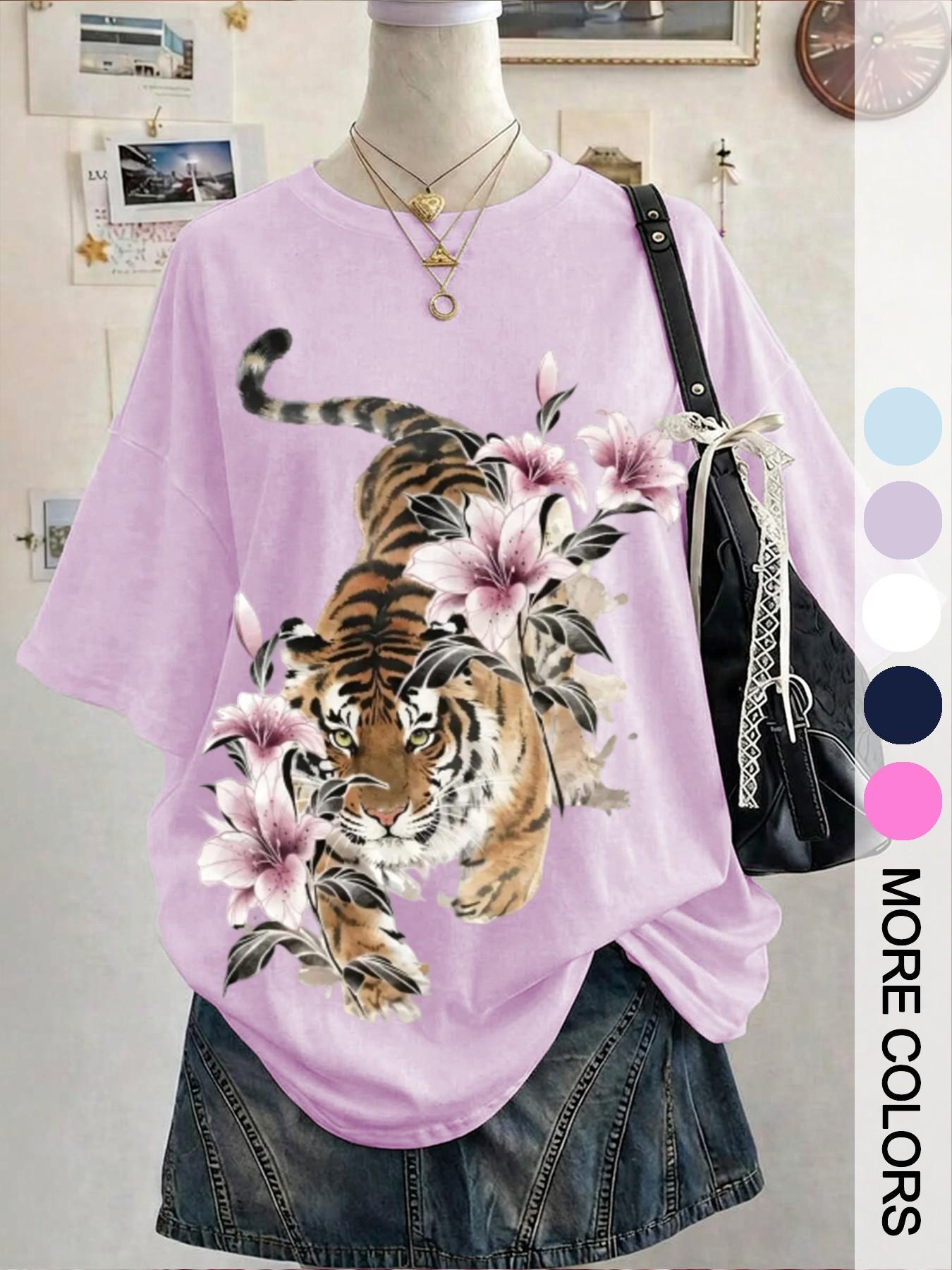 Women's Loose-Fit Tiger Lily Print T-Shirt, Summer New Style Casual Top, Oversized Comfortable Cotton Fabric, Retro National Wind Pattern