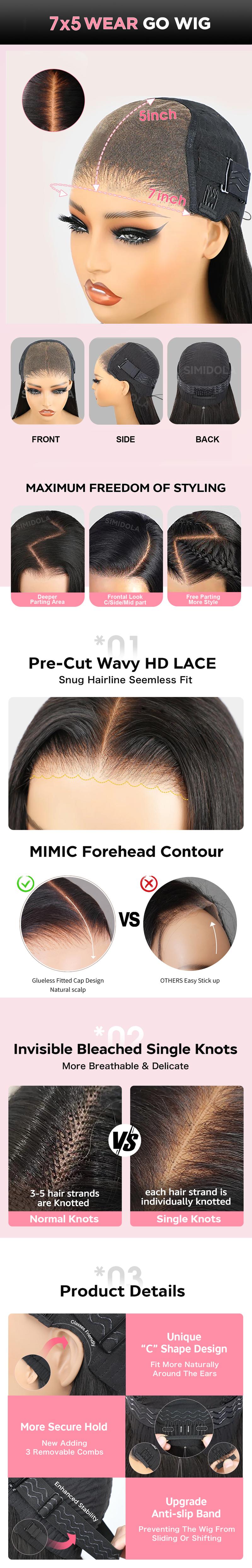 Simidola Put On Go Pre Bleached Knots 7x5 Glueless with Drawstring Kinky Curly 4x6 Glueless HD Closure Lace Wig Ready To Go Human Hair Wig For Women Pre Plucked 200% Density