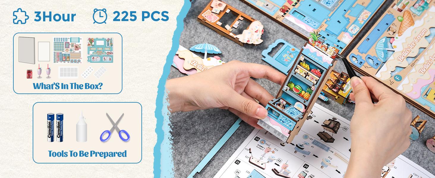 CUTEBEE DIY 3D Book Nook Kit Bella’s Ice Cream – Miniature Wooden Streetscape Shop with LED Light, Handmade 3D Dollhouse Decor | Holiday, Christmas and Black Friday Gift