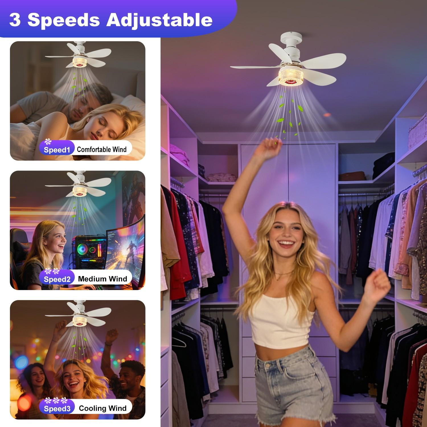 Bluetooth-compatible Speaker Ceiling Fan Light, E27 Socket, RGB Adjustable Timer, Home Office Bedroom Kitchen, Modern Smart Fan