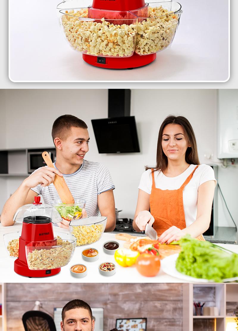 SUSTEAS Healthy Hot Air Popcorn Maker: Oil-Free, Fast, Includes 4 BPA-Free Bowls, Easy to Clean. Ideal for Family Movie Nights machine